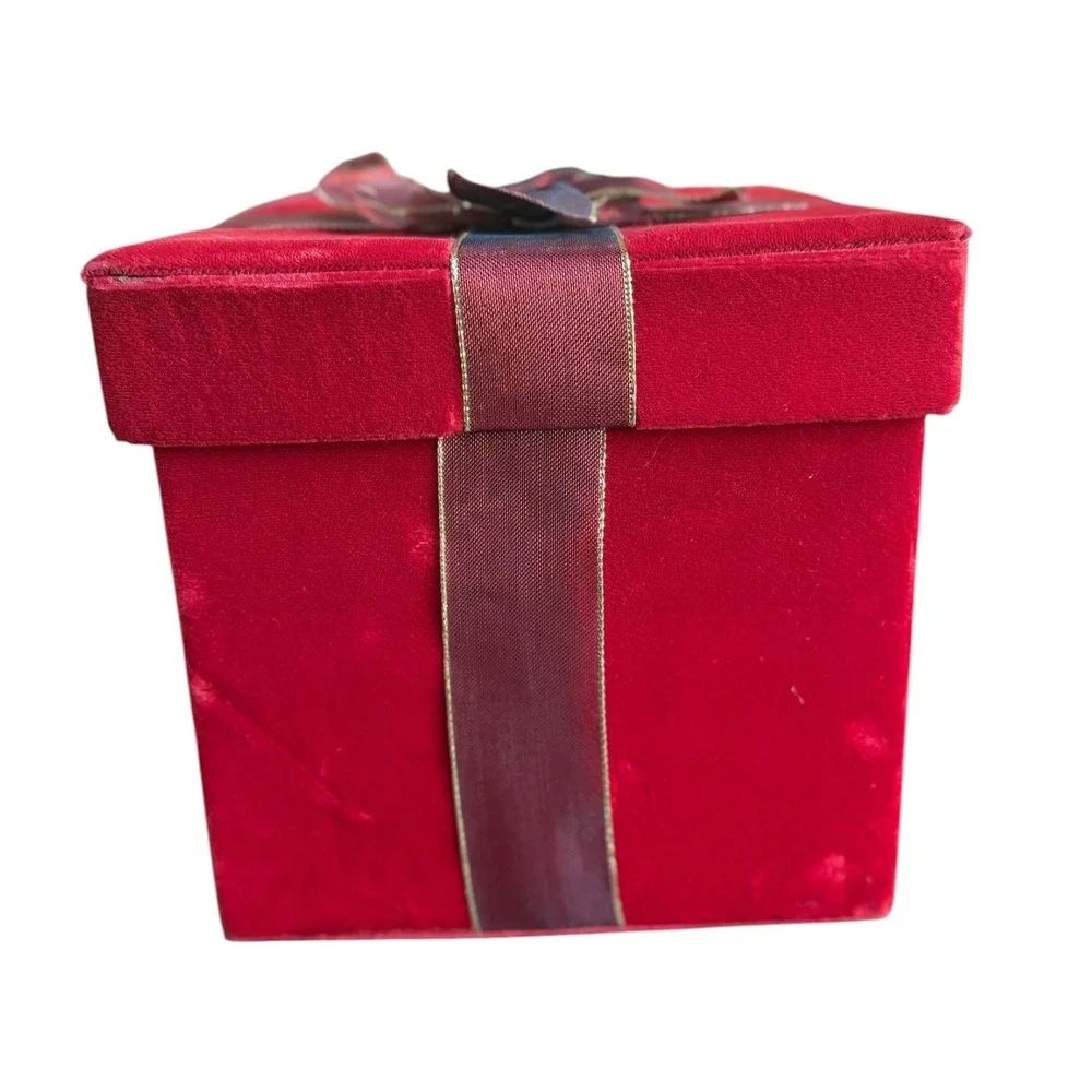 Red Velvet Christmas Gift Box Burgundy Ribbon Gold Trim Holiday Decor Storage